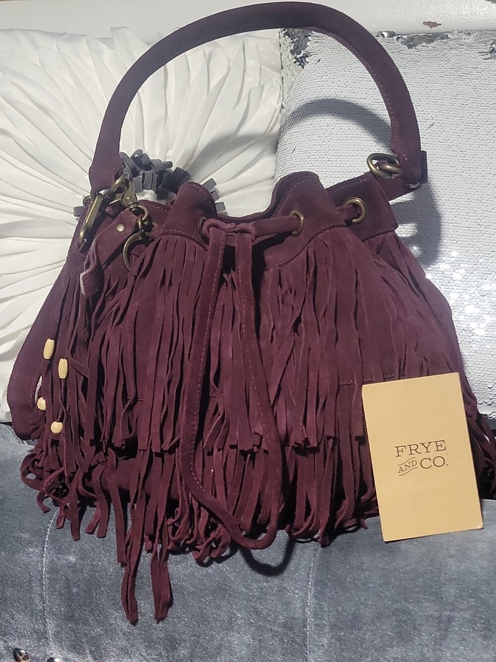 Frye & Co Wine Suede Fringe Tote/Crossbody Drawstring Bucket Bag- NWOT READ